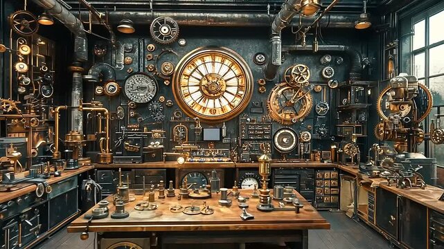 Intricate Steampunk Workshop with Vintage Clocks and Tools