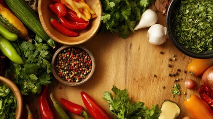 A vibrant assortment of fresh vegetables, herbs, and spices arranged around a wooden cutting board.