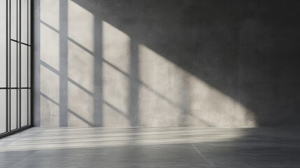 Obraz premium Modern minimalist interior room with grey concrete wall and large window sunlight shadows dark home
