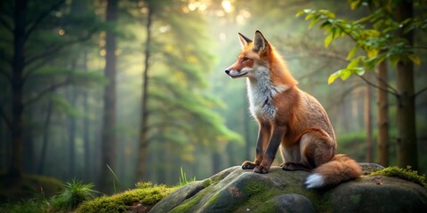A Majestic Red Fox Perched on a Mossy Rock, Serene and Alert in a Sun-Dappled Forest