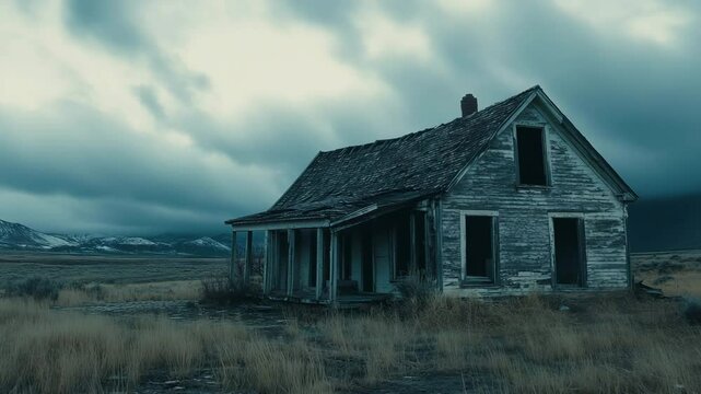 A large, old house sits on a hillside in a field. The house is in a state of disrepair, with a lot of overgrown grass and weeds surrounding it. The sky is cloudy