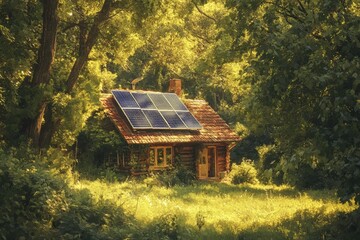 Sun-powered cabin nestled within a sun-drenched forest.