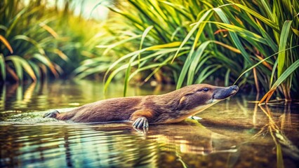 A solitary platypus gracefully swims through calm, shallow water, its sleek brown fur contrasting with the vibrant green aquatic plants