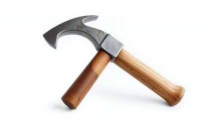 Angled Silver Hacha Shingle Hammer with Wooden Handle for Roofing Work Isolated on White Background