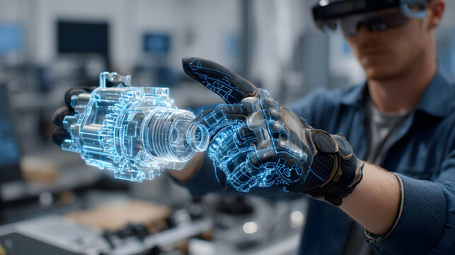 Augmented reality engineer visualizing complex machine components with advanced ar interface