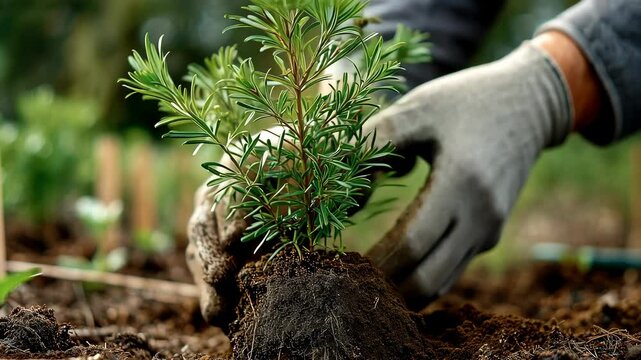 Closeup hands squeezing the soil of a newly planted small tree. v3