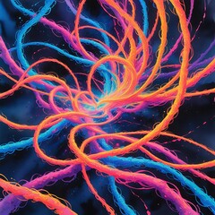 Abstract colorful strands intertwining against a dark background, creating a dynamic and energetic visual effect.