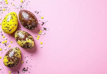 Obraz premium Festive Easter eggs, yellow and dark chocolate, sprinkled with colorful candies on a pink background