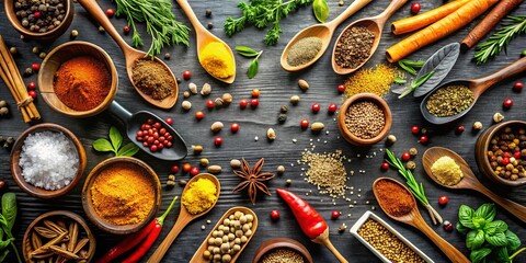 Fototapeta premium Aromatic Spices and Herbs Collection Culinary Ingredients Arranged on Dark Wooden Surface