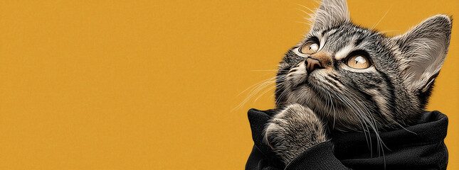 A cat in a black sweatshirt is thinking and touching his chin with his hand looking up.