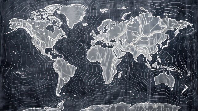 World map with topographic lines