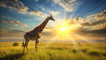 Obraz premium A lone giraffe silhouetted against a vibrant sunset, standing tall in a field of golden grass, bathed in the warm glow of the evening sun.
