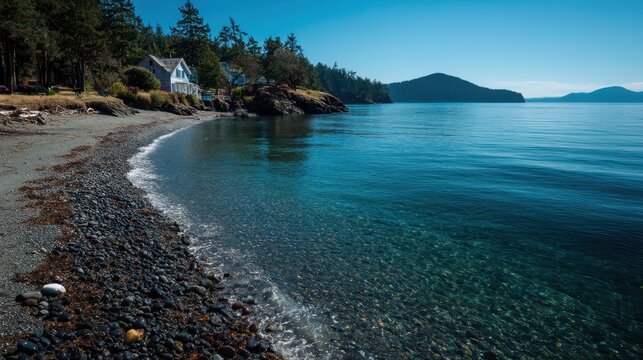 Tranquil Beach Escape: Scenic View of Eastsound on Orcas Island, Washingon's Serene Waters and Charming Coastal Homes