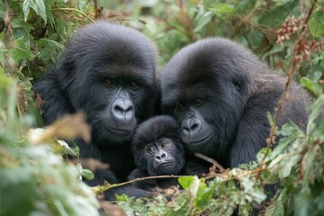 Obraz premium Endearing Family of Mountain Gorillas in Virunga: Baby, Mother, and Father in Their Natural Green Habitat