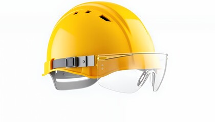 Close Up Yellow Hardhat with Clear Visor Isolated on White Background Professional Safety Gear Construction Protective Equipment