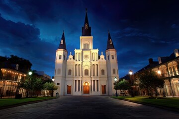 Naklejka premium Majestic Nightscape of St. Louis Cathedral - New Orleans, Louisiana: A Beautiful Architectural Attraction