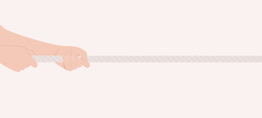 Two human hands pulling a thick rope on a beige background. Flat vector illustration © Alrika 