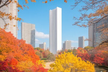 Autumnal city park scene with colorful foliage and modern architecture