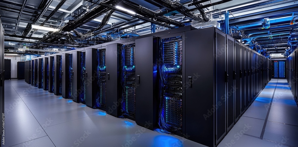 Poster massive server hall filled with black racks and blue leds in an ultra clean data facility, ideal for