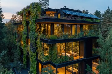 Fototapeta premium Modern architectural structure with lush vertical garden.