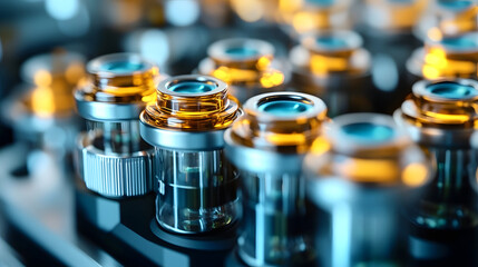 Close-up of numerous medical vials in a pharmaceutical manufacturing line