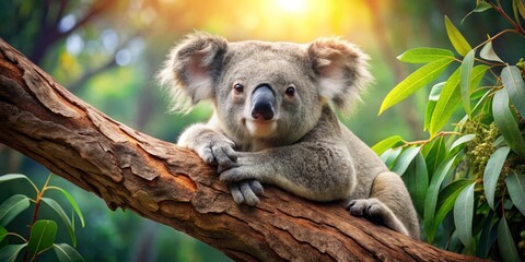 Fototapeta premium A fluffy koala bear rests peacefully on a tree branch, basking in the warm sunlight filtering through the lush green leaves.
