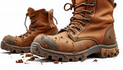 Low Angle View of Two Dirty Brown Leather Work Boots with Laces Isolated on White Background Representing Rugged Outdoor and Construction Themes