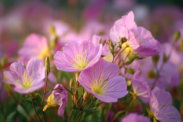Close-Up of Pink Evening Primrose Blossoms (Oenothera Speciosa) in a Vibrant Garden Setting