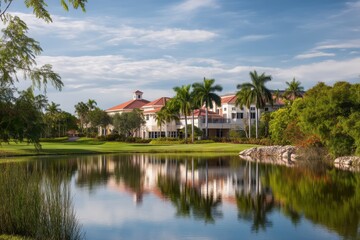 Obraz premium Luxurious Golf Community Living in Bonita Springs, Florida: Stunning Architecture Surrounded by Beautiful Countryside