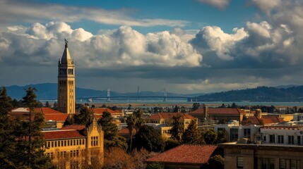 Naklejka premium Berkeley Campus: Iconic Clock Tower Overlooking the Bay Area and Cityscape of California