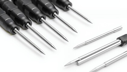 Precision Screwdrivers Set with Black Handles and Metallic Tips Isolated on White Background Top Angle Shot