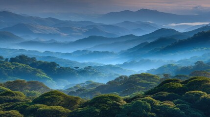 Vast Panoramic Vista of Densely Forested Rolling Hills Under Soft Morning Light with Layers of Mist and Mountainous Background