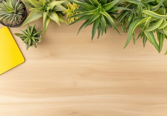 A light beige wooden surface with several small potted succulents and a bright yellow notepad