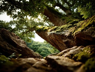 Low-angle close-up of moss-covered tree trunk resting on rocks with sunlight filtering through leaves