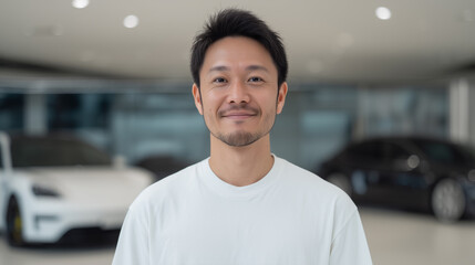 白いTシャツの男性と自動車ショールームの明るい空間 | 上質な雰囲気
