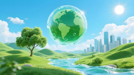 frutiger aero, Green planet Earth bubble over idyllic landscape serene city skyline sustainable future