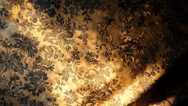 A gold and black floral patterned fabric with a sun shining on it. The sun is casting a shadow on the fabric, creating a warm and inviting atmosphere