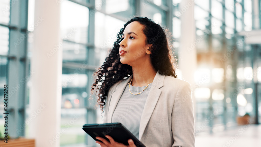 Poster lobby, thinking and business woman with tablet in office for communication, connection and email. pr