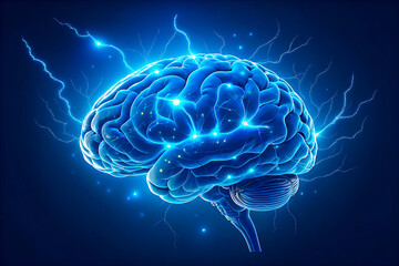Human brain illustration depicting neural activity and brain intelligence in blue tones