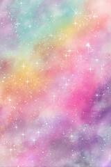 A colorful background with stars and a rainbow