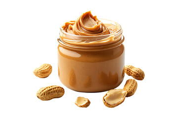 Delicious creamy peanut butter in a glass jar isolated on transparent background.