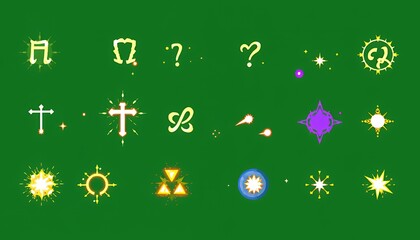 Animated Pixelated Icons Ranging from Musical Notes to Abstract Shapes in Bright Colors Isolated on Green Screen Background Ideal for Video Games and Multimedia Projects