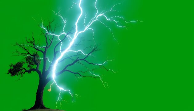 Animated Pixel Art Tree Struck by Lightning Isolated on Green Screen Background for Visual Effects and Compositing Needs as Nature Element