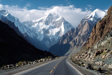 Fototapeta premium Scenic Karakoram Highway: Majestic Mountains, Lush Greens, and a Serene Blue Landscape for Your Perfect Holiday