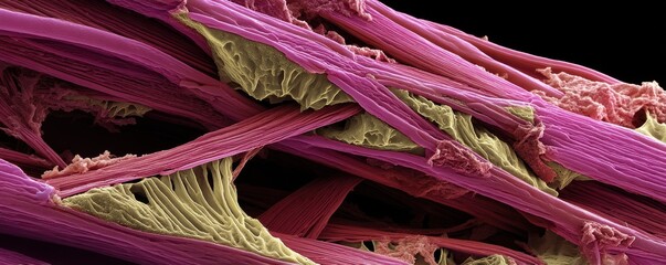 A highly magnified view of torn muscle fibers, showcasing intricate textures and vivid coloration.