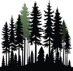 Obraz premium Silhouette Forest Illustration: Evergreen Pine Trees, Woodland Landscape, Nature Graphic, Vector Art, Dark Green & Black Design