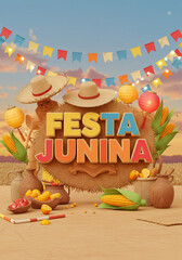 Naklejka premium Cenário festivo e colorido da Festa Junina com o letreiro 