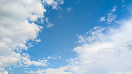 Vibrant blue sky filled with fluffy white cumulus clouds of varying sizes, suggesting a fair weather day. Concept: nature and meteorology