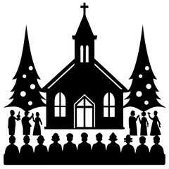 Christmas church service candlelight silhouette vector illustration 