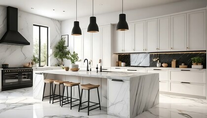 A modern kitchen shines with marble surfaces, contrasting black accents, and sleek design elements.